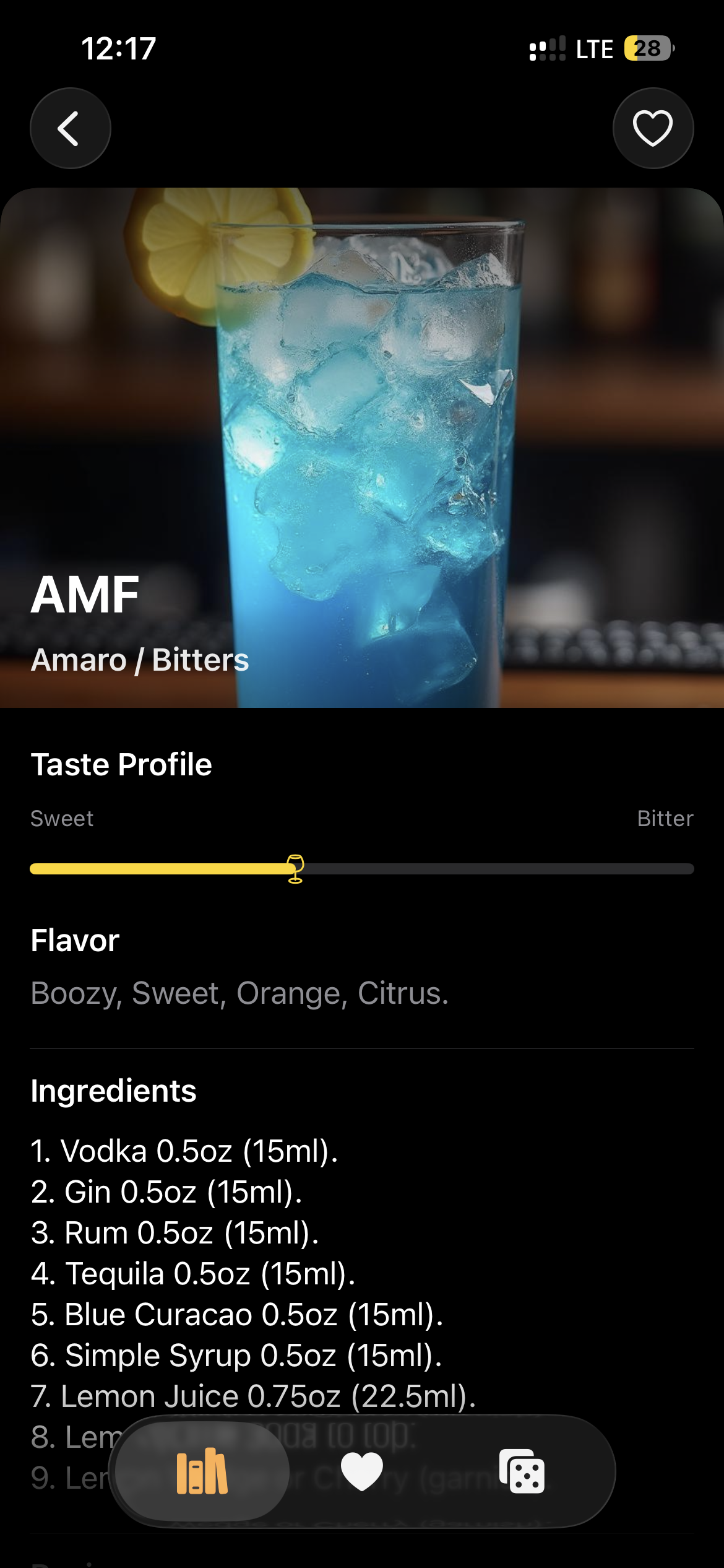 Cocktail Codex recipe screen for AMF with taste profile and ingredients
