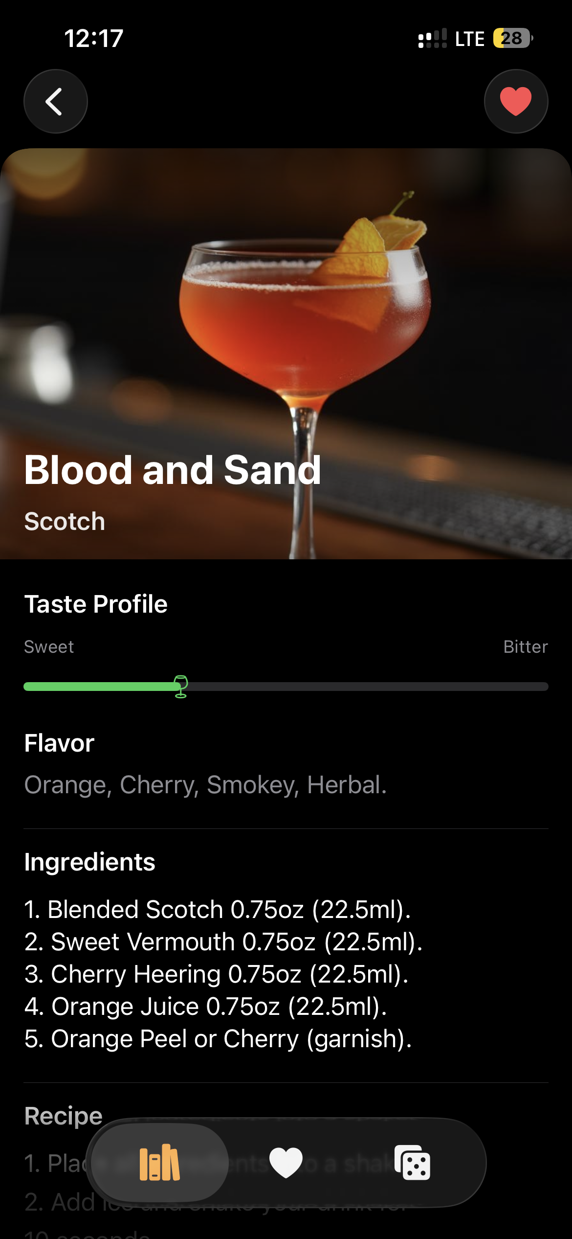 Cocktail Codex recipe screen for Blood and Sand with flavor notes and ingredients